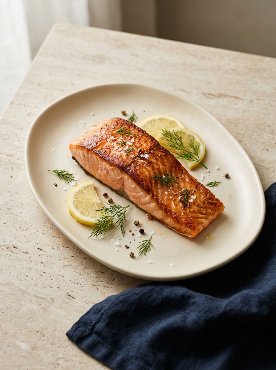 Roasted salmon with lemon and dill on an ivory platter